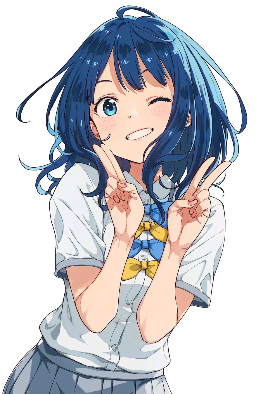 杏菜穿着校服，眨着眼睛比出两个胜利手势