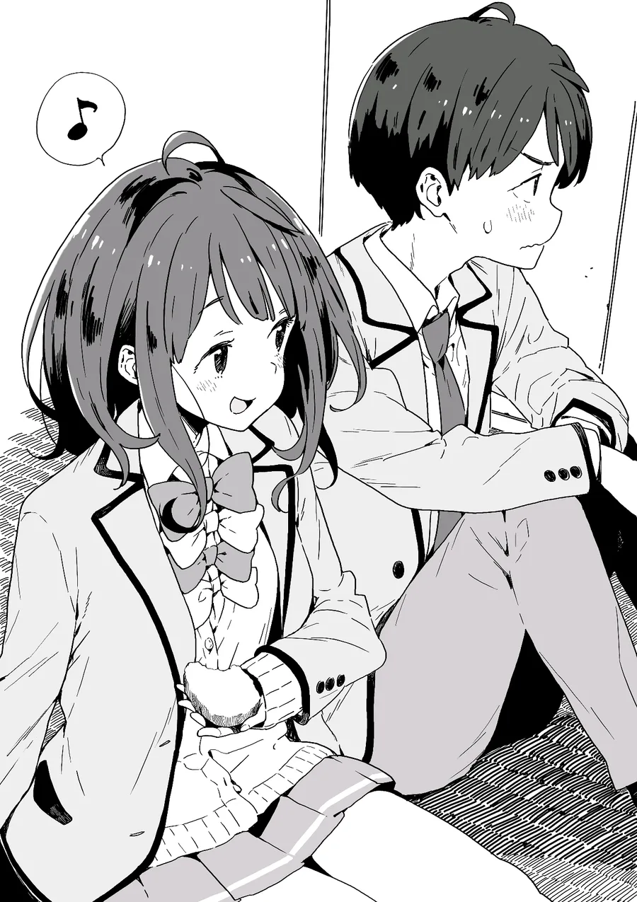 杏菜和温水并肩看着手机的黑白插画