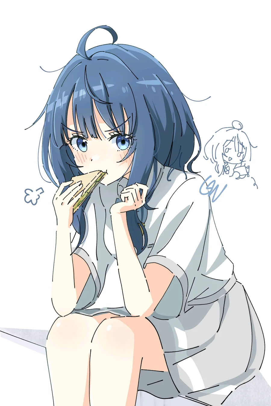 杏菜坐着品尝手中零食的插画