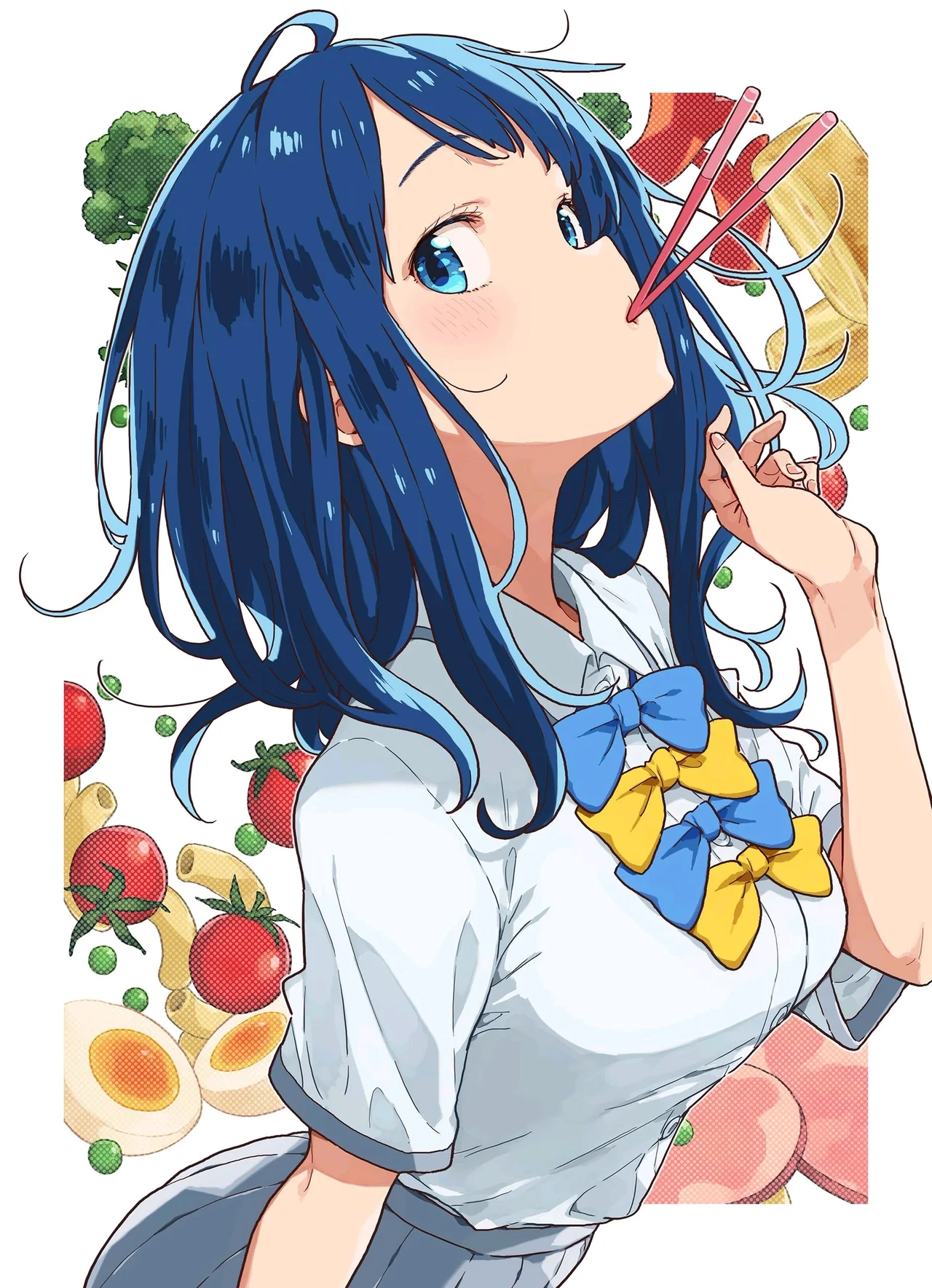 杏菜举着筷子，身旁是彩色食材插画